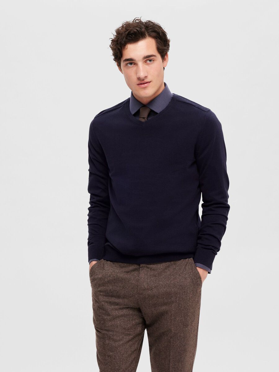 V-NECK KNITTED JUMPER - Navy