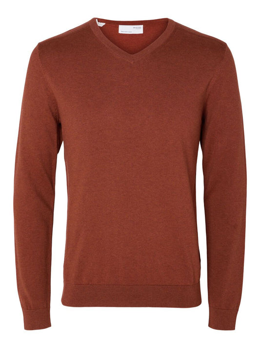 V-NECK KNITTED JUMPER - Burnt Henna