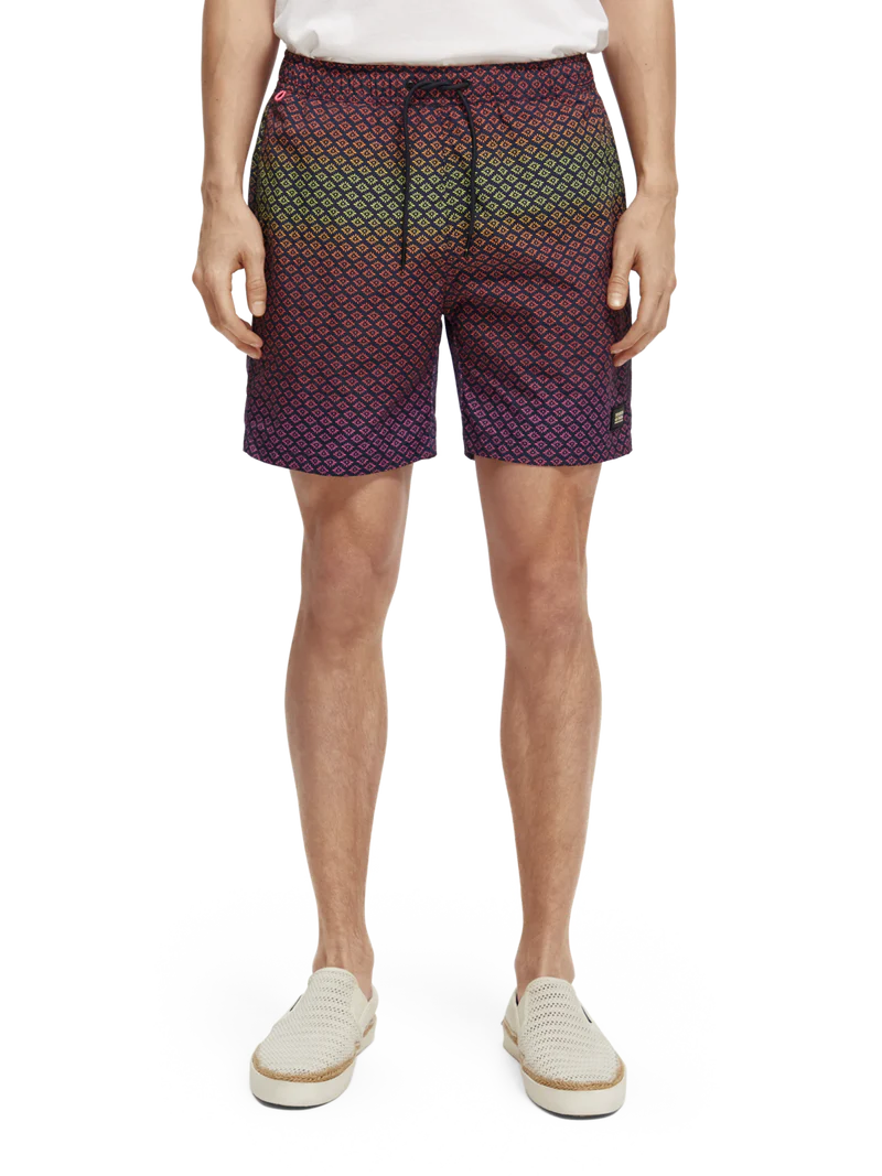 Mid-length printed swim short