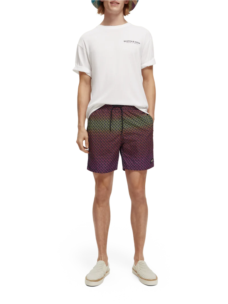 Mid-length printed swim short