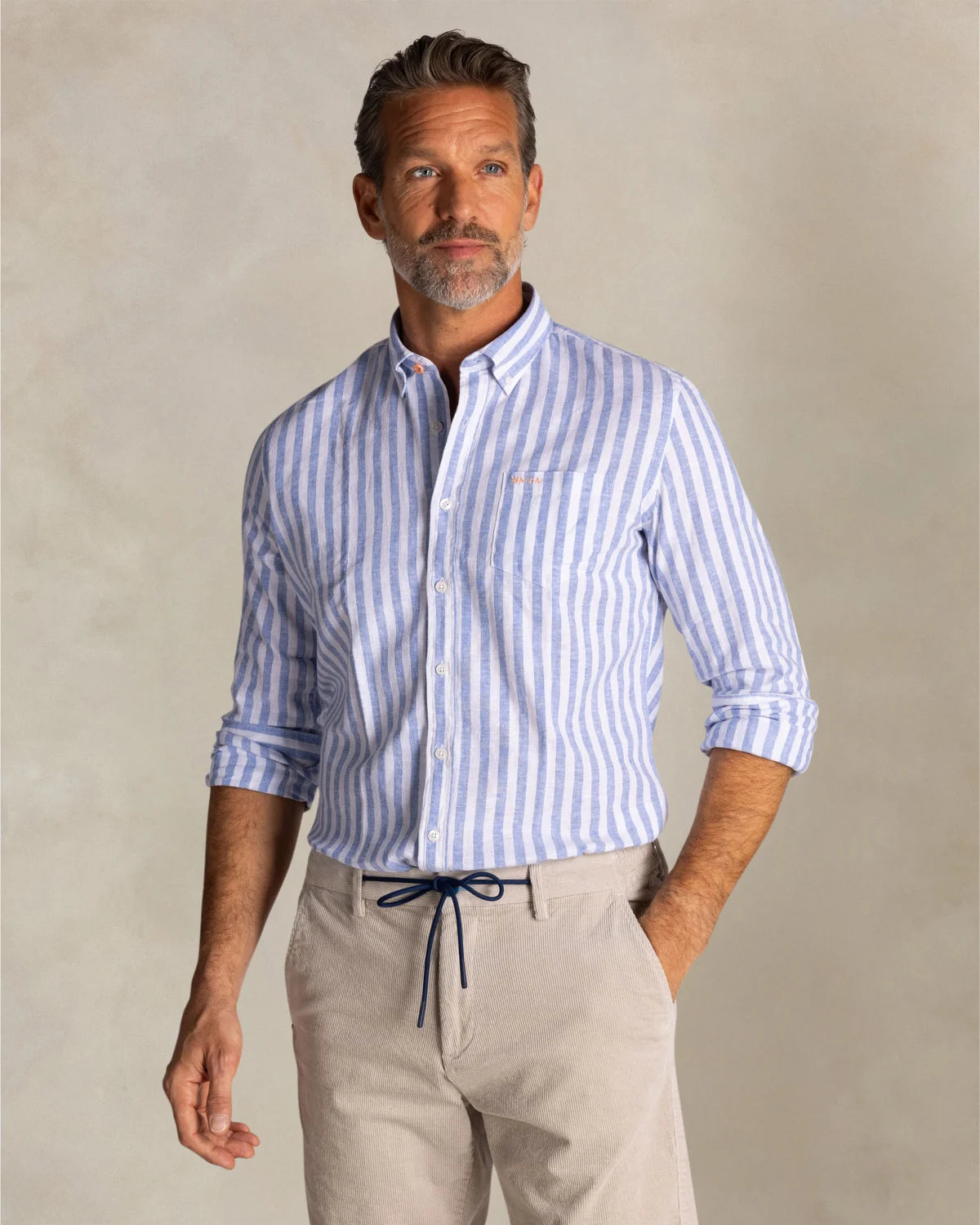 BLUE LINEN-BLEND STRIPED SHIRT - NEW ZEALAND AUCKLAND